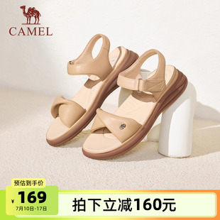 一字帶厚底涼鞋 駱駝女鞋 女 露趾媽媽鞋 真皮休閑沙灘鞋 2025夏季 新款
