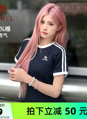 骆驼柔绵夏季女宽松运动短袖T恤