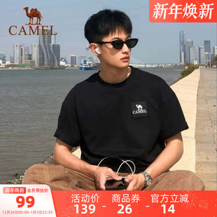 骆驼户外速干T恤男夏季 上衣棉t吸湿排汗徒步登山T恤 宽松黑色半袖