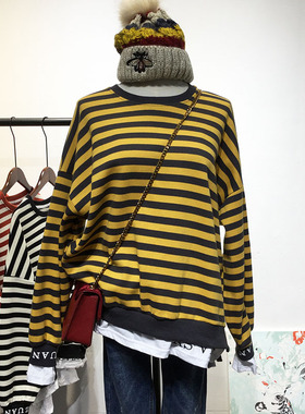 条纹拼接白色假两件卫衣女春秋韩版宽松BF慵懒风毛圈棉套头上衣潮