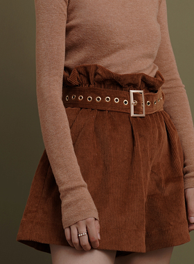 2022秋季新品法式复古灯芯绒高腰显瘦花边阔腿短裤女口袋休闲裙裤