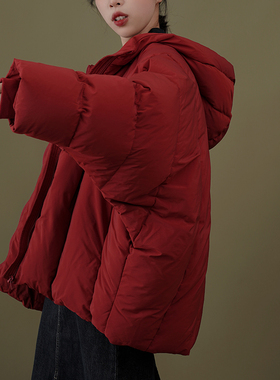 ZJ小众女装自制厚酒红色保暖连帽白鸭绒羽绒服短款面包服外套新品