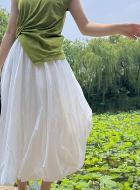 自制2024夏季新品梨形身材白色花苞裙超仙垂坠褶皱棉质半身裙显瘦