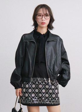 2025秋季韩版复古黑色翻领外套女宽松显瘦纹理飞行员夹克防风防水