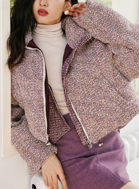 自制2023冬季韩版紫色小香风立领90白鸭绒编织羽绒服女短款面包服