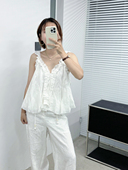 2025新款 上衣 无袖 苎麻法式 轻奢V领木耳边吊带背心女夏显瘦娃娃衫