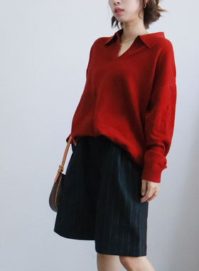 新款韩版宽松显瘦羊毛休闲针织衫女长袖毛衣打底上衣红色圣诞新年