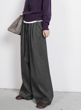 ZJ小众女装自制2024秋季新品高腰老钱风抽绳显瘦羊毛阔腿裤女条纹