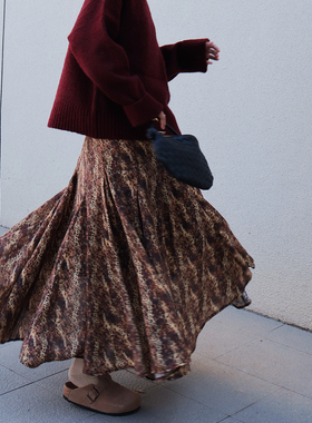 2025冬复古豹纹褶皱半身裙女高腰不规则垂感大摆长裙文艺大裙摆裙