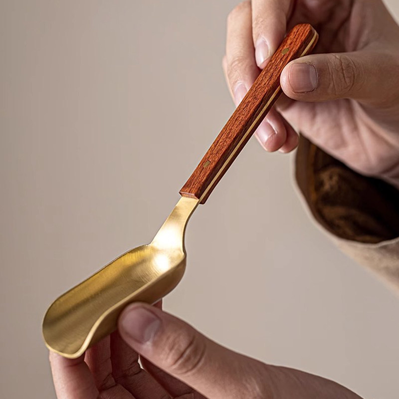 实木取茶叶勺夹单只小纯铜迷你小号长柄实木点分茶勺高级茶道配件