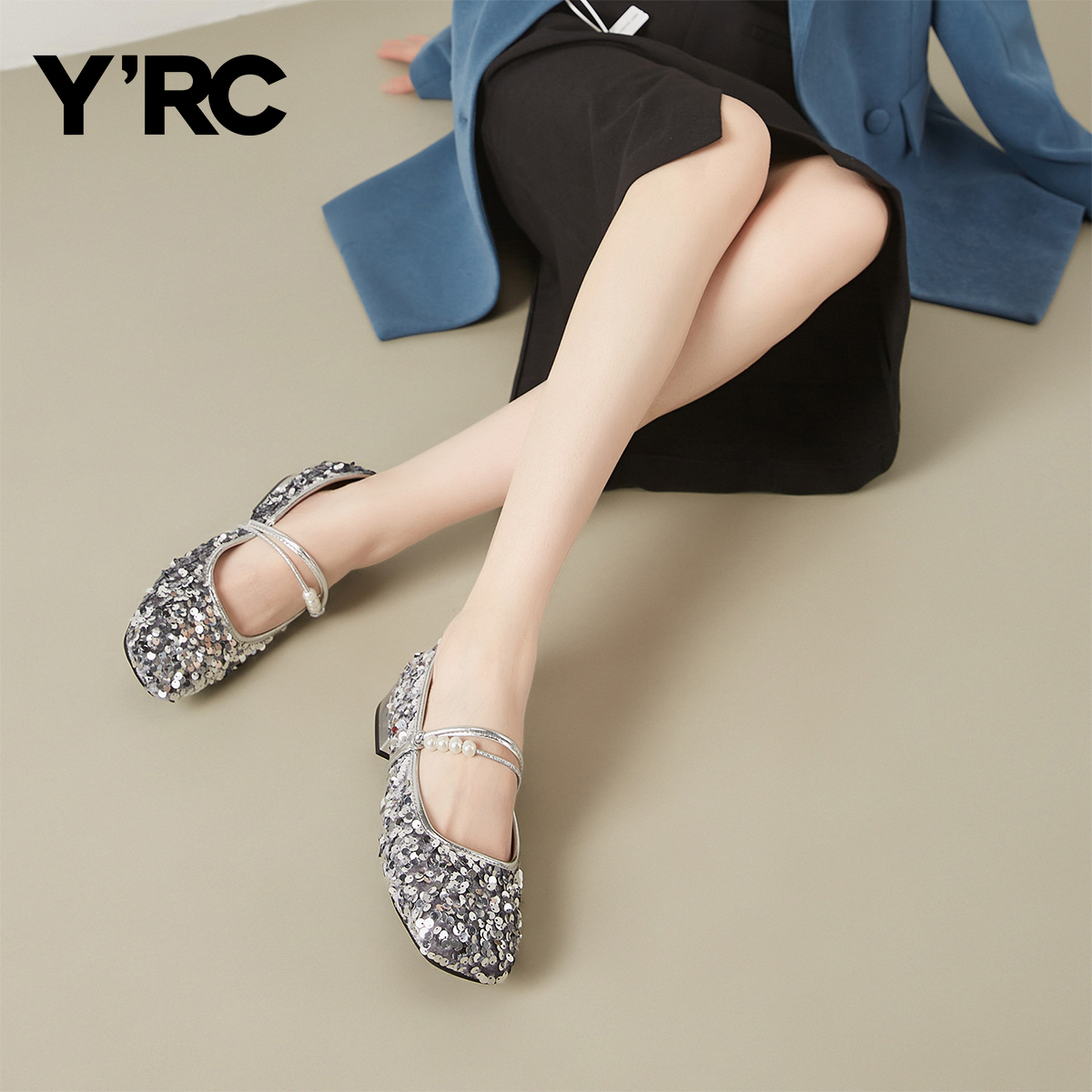 YRC银色亮片玛丽珍鞋女2025秋新款一字带浅口单鞋甜美配裙子