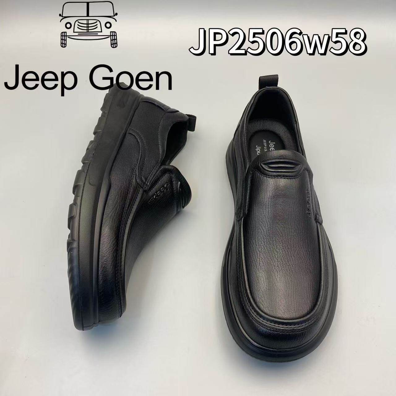 牛皮休闲皮鞋男圆头套脚商务男鞋舒适轻质中跟黑色男鞋