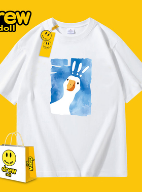 DREW新款日系动漫小鹅印花纯棉男女短袖t恤潮牌笑脸情侣休闲上衣
