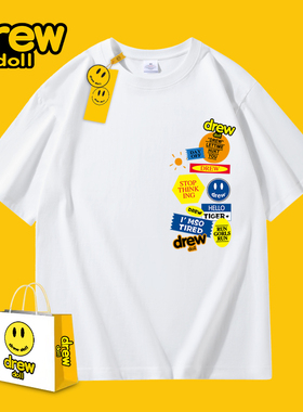 drew doll2024年新款笑脸字母印花纯棉潮牌男女情侣短袖港风T恤男