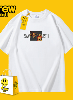 drew doll2024年新款笑脸卡通印花情侣短袖潮牌纯棉男女T恤打底