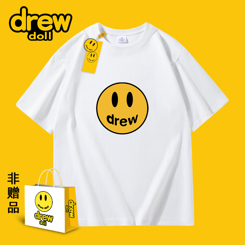 DREW DOLL联名美式街头休闲t恤男女纯棉短袖潮牌笑脸情侣圆领上衣