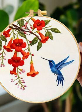 凌霄花与蜂鸟刺绣材料包 跨境北欧 ins客厅装饰手工DIY 挂画 厂家