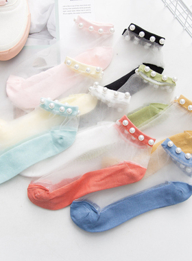 玻璃丝夏季薄款女士丝袜棉底防滑透气透明水晶丝韩国时尚珍珠短袜