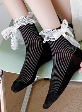 蕾丝绑带花边袜子女春夏薄款女生中筒袜日系搭配jk风个性甜美短袜