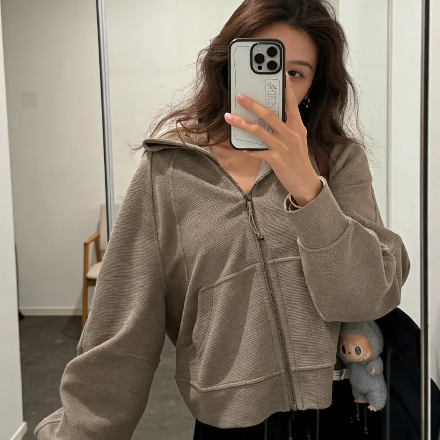 华夫格连帽全拉链显瘦卫衣女
