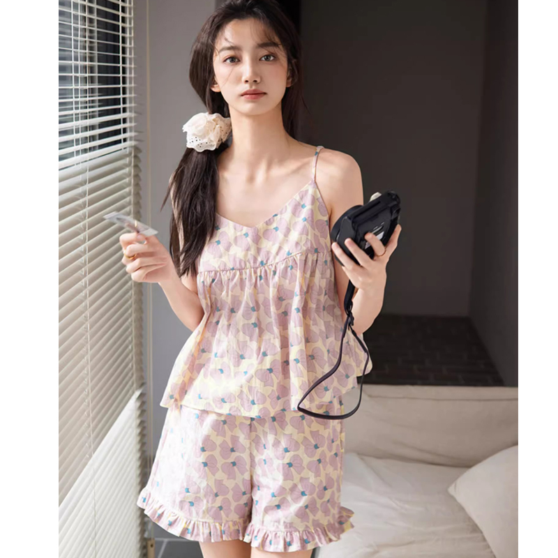 贝妍女睡衣夏季性感吊带胸垫短裤套装甜美少女莫代尔纯欲风家居服