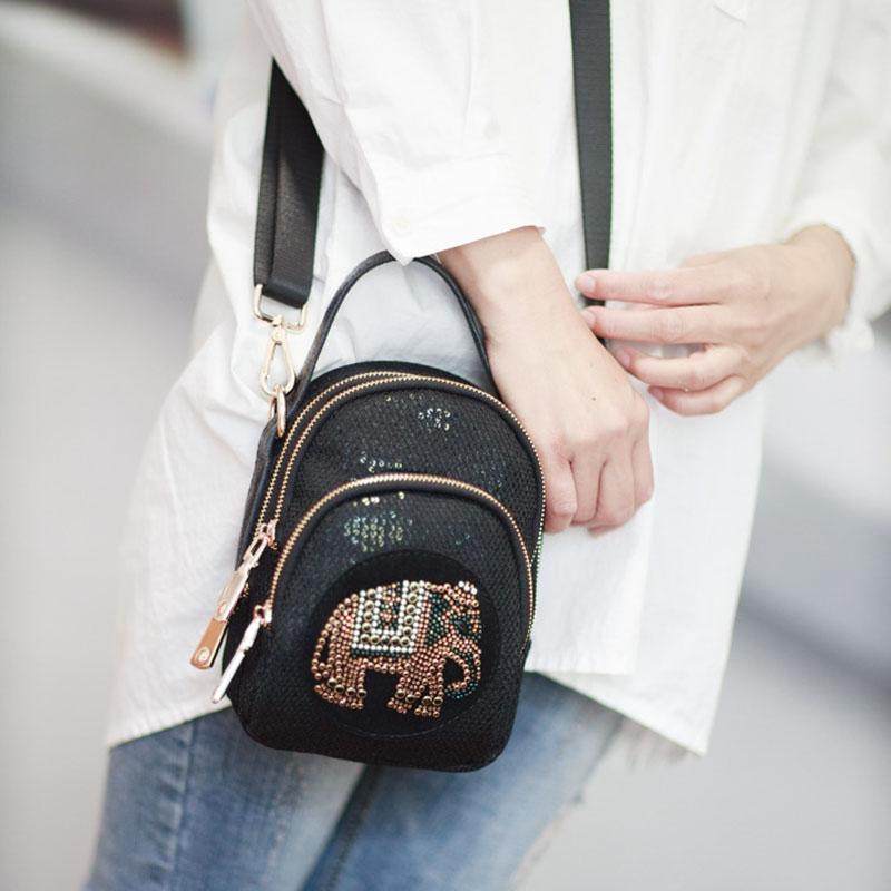 不掉钻牛津布包配皮手提斜挎竖版黑色小包时尚百搭手机包女斜挎包