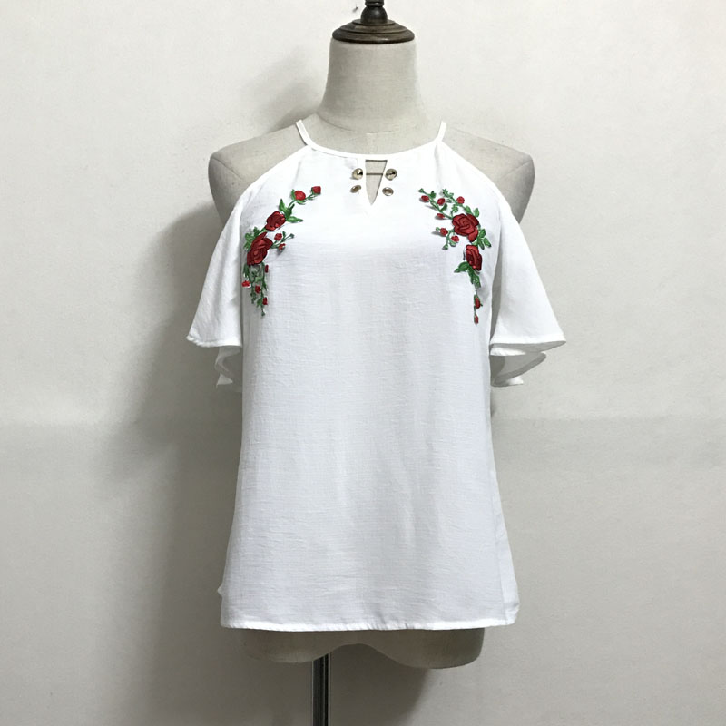 欧美单外贸夏装复古绣花吊带露肩荷叶边百搭淑女女装衬衫上衣