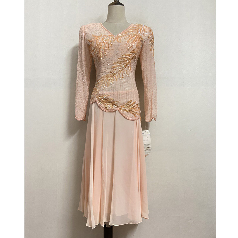 重工手工钉珠复古vintage粉色长袖修身派对连衣裙宴会晚装礼服裙