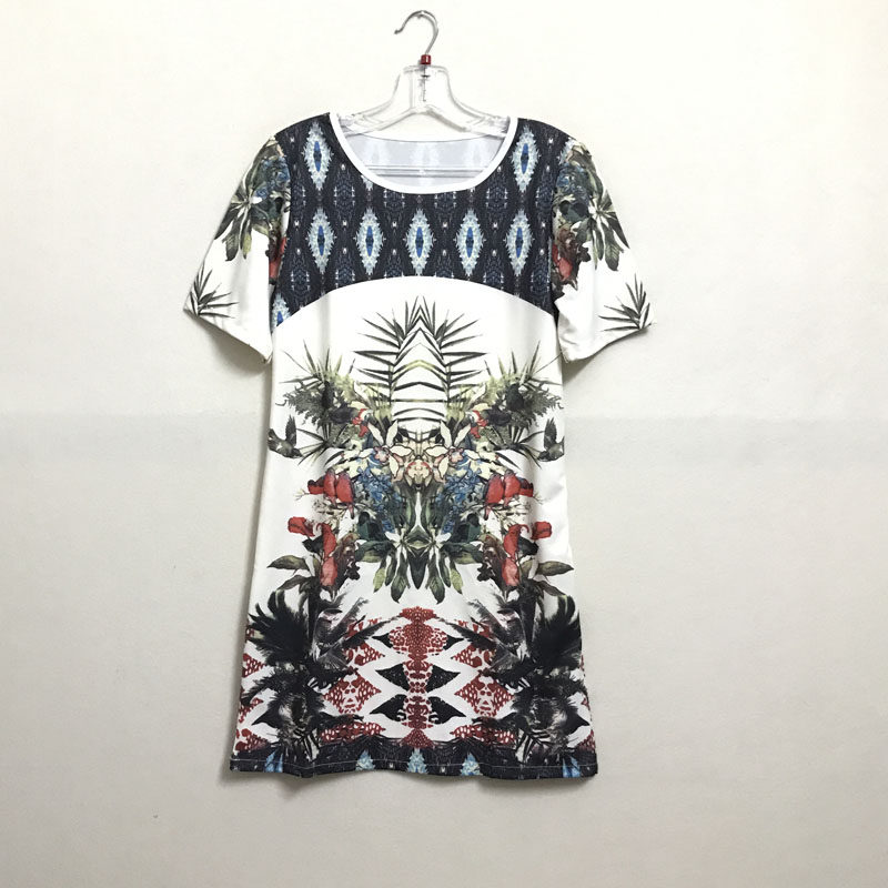 欧美单外贸夏装短袖复古印花修身圆领民族风女装连衣裙