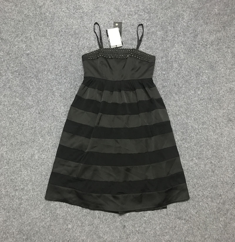 viscap夏装条纹拼接吊带手工钉珠高腰甜美百搭女装连衣裙