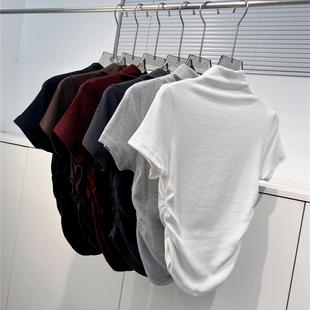 熙春秋款 收腰显瘦褶皱款 半高领短袖 个性 打底上衣 t恤女 yuanxi元