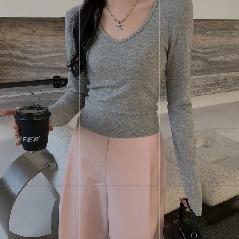 长袖韩版薄款V领短款棉女