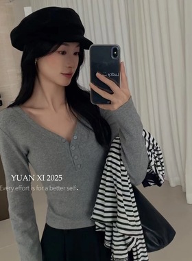 元熙韩版秋季V领纽扣低领辣妹上衣个性修身短款小个子长袖t恤3071