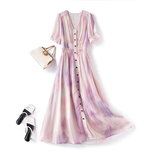 渐变色气质收腰修身 大码 雪纺连衣裙女夏2024年新款 法式 中长裙 女装