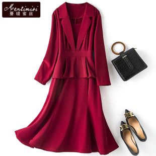 2024春秋新款 气质连衣裙胖mm显瘦红色拜年敬酒服假两件长裙女 大码