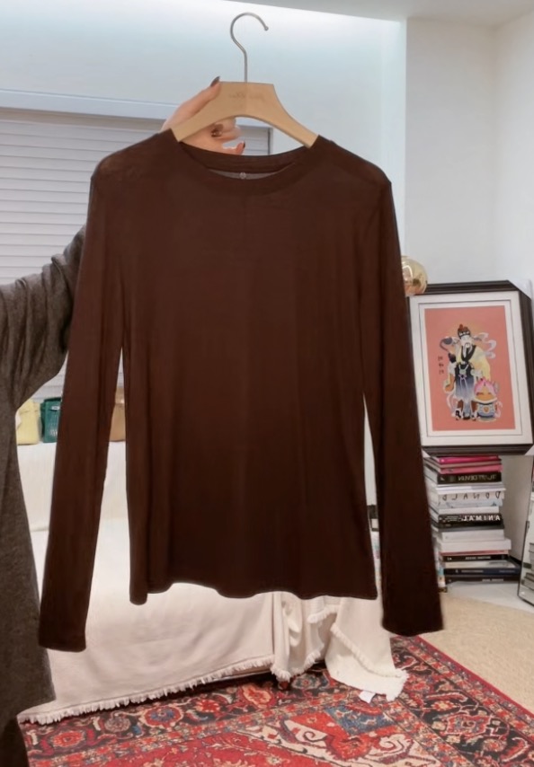 YEVA CHAO韩系简约百搭圆领长袖T恤女春季新款修身显瘦打底衫上衣