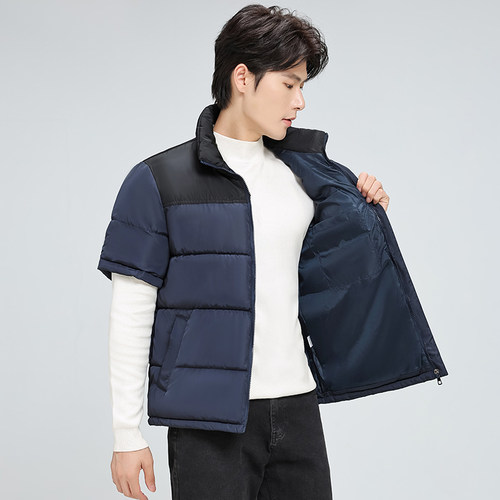 男士半袖马甲保暖护肩半袖中老年羽绒棉加肥加大外套棉袄工作服