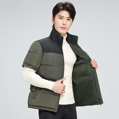 男士短袖马甲保暖护肩半袖中老年羽绒棉加肥加大拼色外套冬棉袄