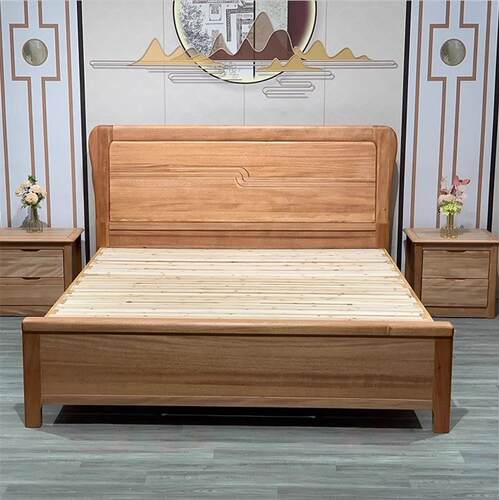 红胡桃木现代高档别墅婚床原木色极简双人床环保木蜡油实木床