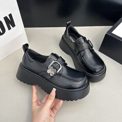 黑色一脚蹬乐福鞋女2025春新款百搭厚底增高单鞋英伦风软底小皮鞋