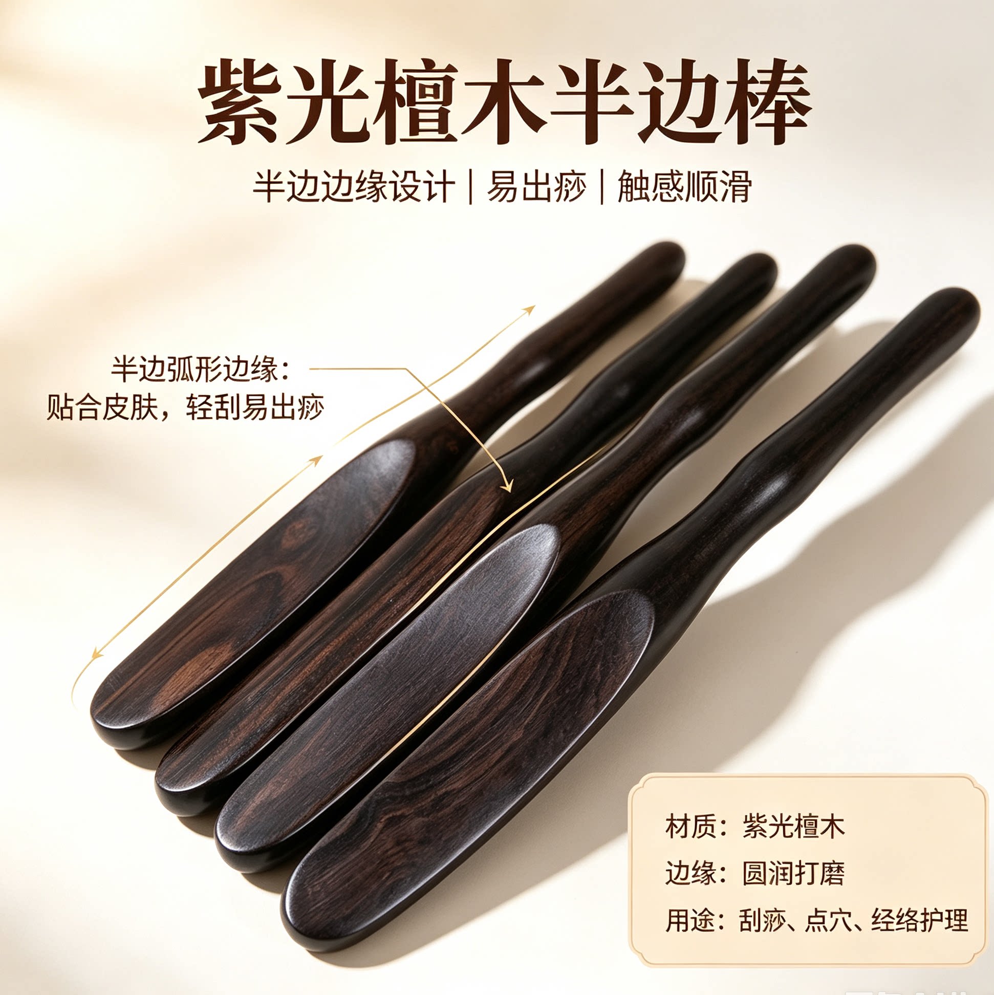 紫光檀木半边棒天然木质按摩棒点穴笔肩颈部调理足底按摩器刮痧棒