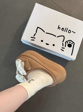 日本offcat2025新款蝴蝶结毛毛鞋女外穿厚底增高一脚蹬保暖棉鞋