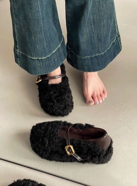 日本offcat2025新款平底毛毛鞋女秋冬季外穿羊羔毛豆豆鞋加绒