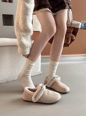 日本offcat2025新款厚底勃肯鞋女加绒蝴蝶结毛绒保暖百搭休闲鞋