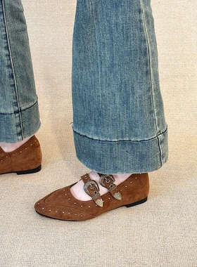 日本offcat2025新款复古浅口铆钉真皮单鞋女圆头舒适软底豆豆鞋