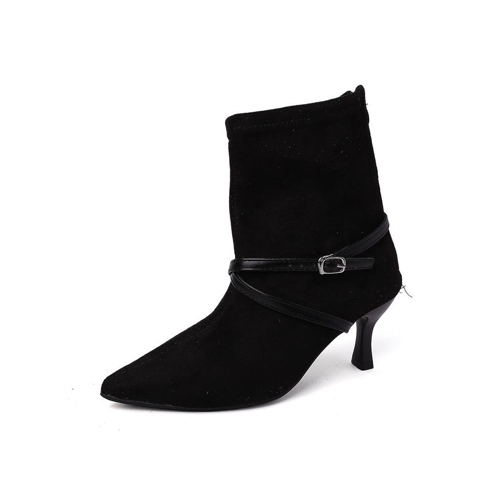 日本offcat英伦风细跟麂皮短靴女绑带装饰尖头马丁靴时尚厚底靴子