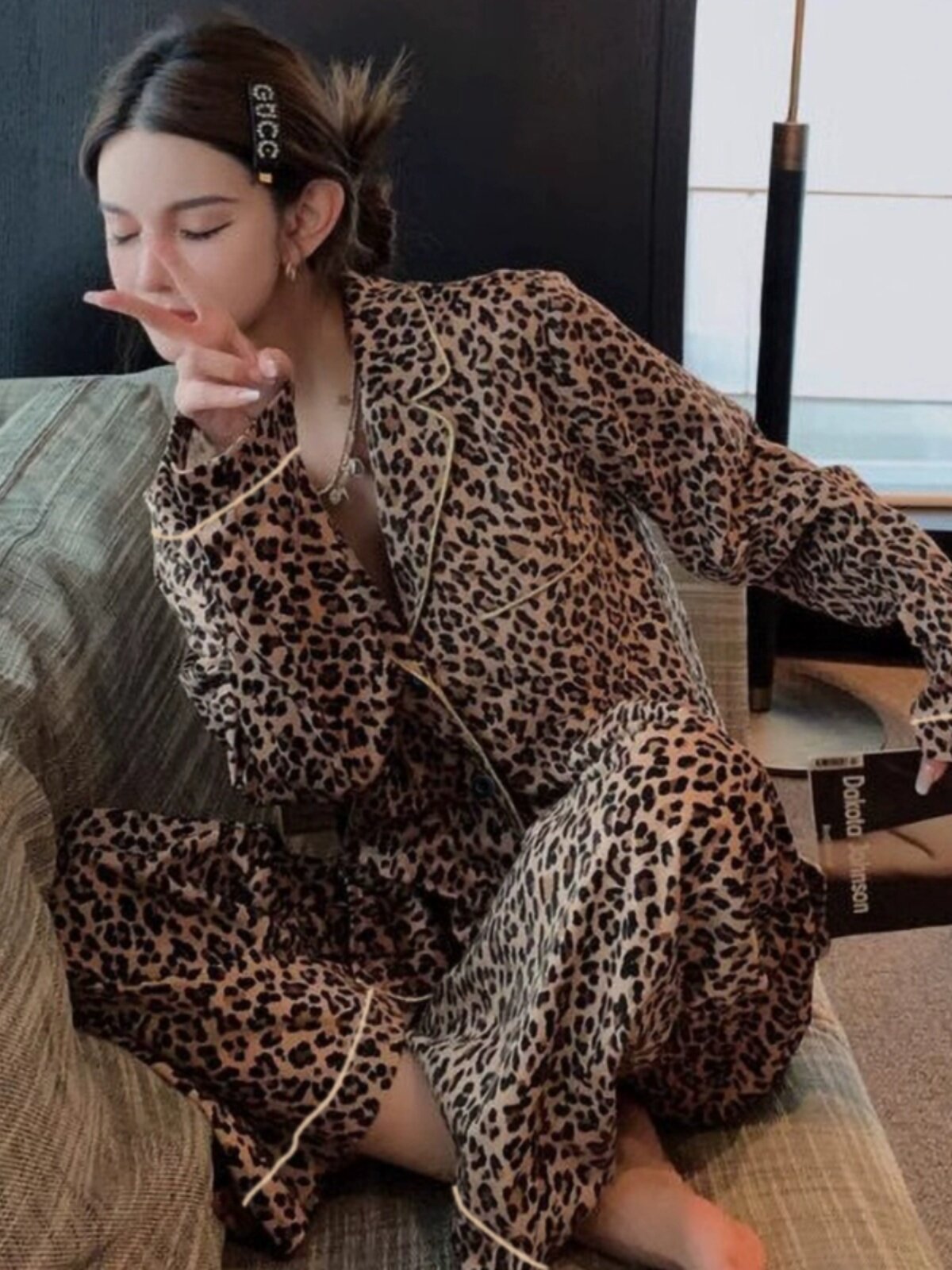 PAJAMAS WOMENS SPRING AND AUTUMN STYLE 2024 NEW LONG SLEEVE COTTON PLUS SIZE SUMMER LEOPARD PRINT AUTUMN WINTER LOUNGEWEAR SET
