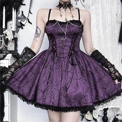 Purple Gothic Lolita Corset蕾丝吊带哥特风紫色韵味短裙女Dress