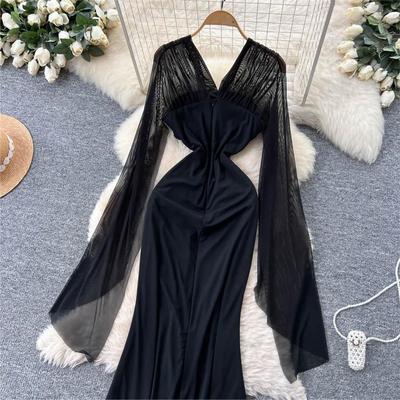 Black Sheer-Sleeve Evening Gown  Elegant Ruched Formal Dress