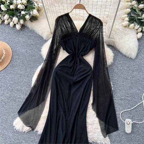 Black Sheer-Sleeve Evening Gown  Elegant Ruched Formal Dress